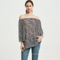 women brown leopard print recycled chiffon blouse on shoulder and off-shoulder neck top with slit sleeves